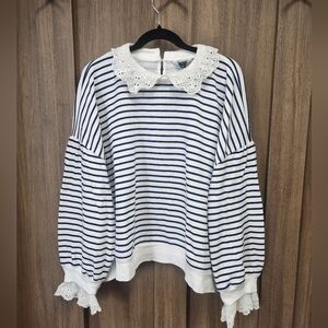Plus-size JCrew Striped Navy and White Lace Collar Sweatshirt